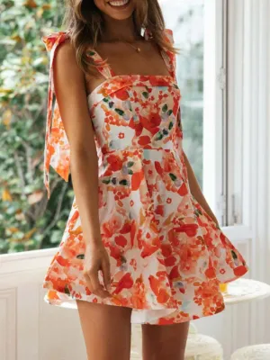 Backless Lace-up Mini Sling Dress for Women - 2024 New Fashion High Waist Skinny Floral Print