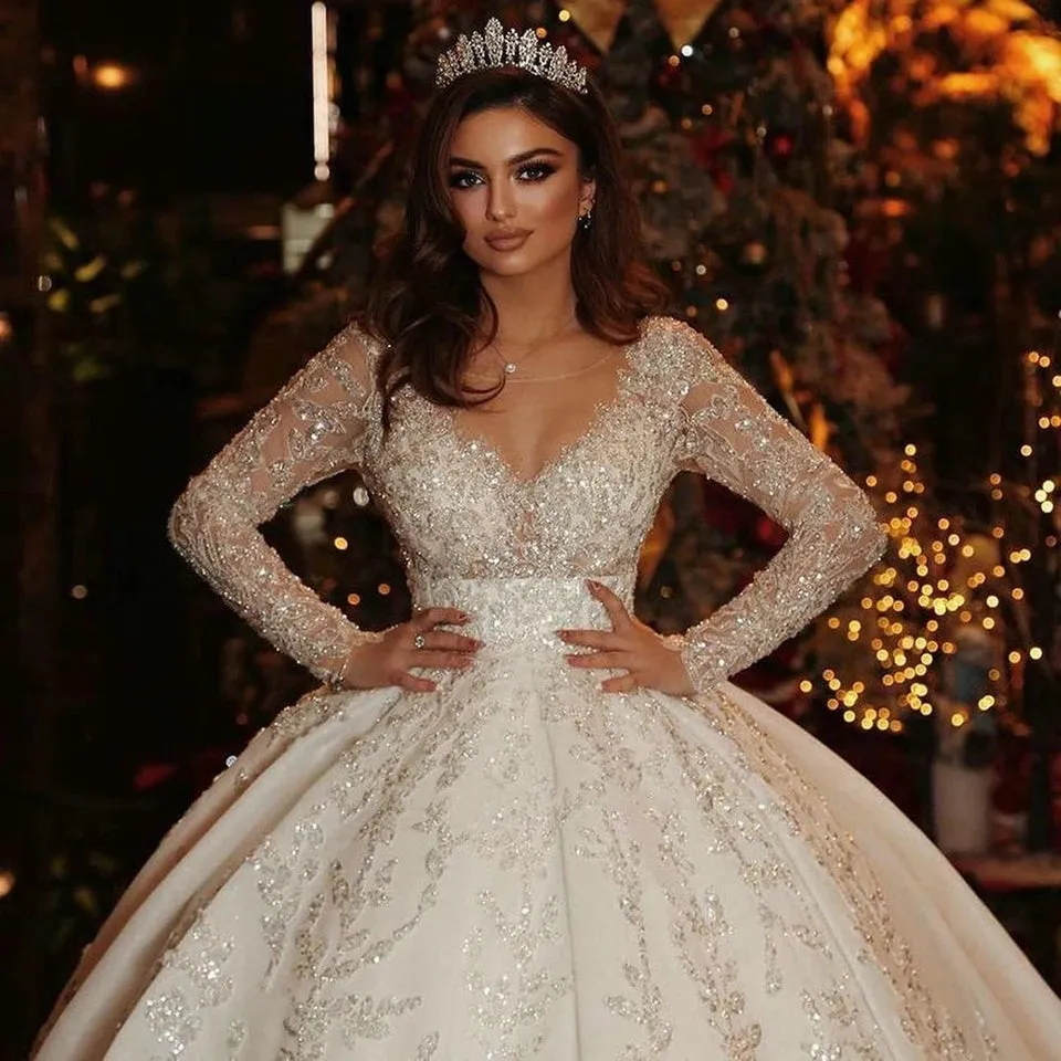 Ball Gown Illusion Back Long Sleeve Wedding Dresses