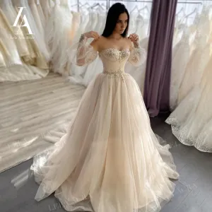 Beach Wedding Dresses 2 In 1 Sleeve A-Line Bridal Gown