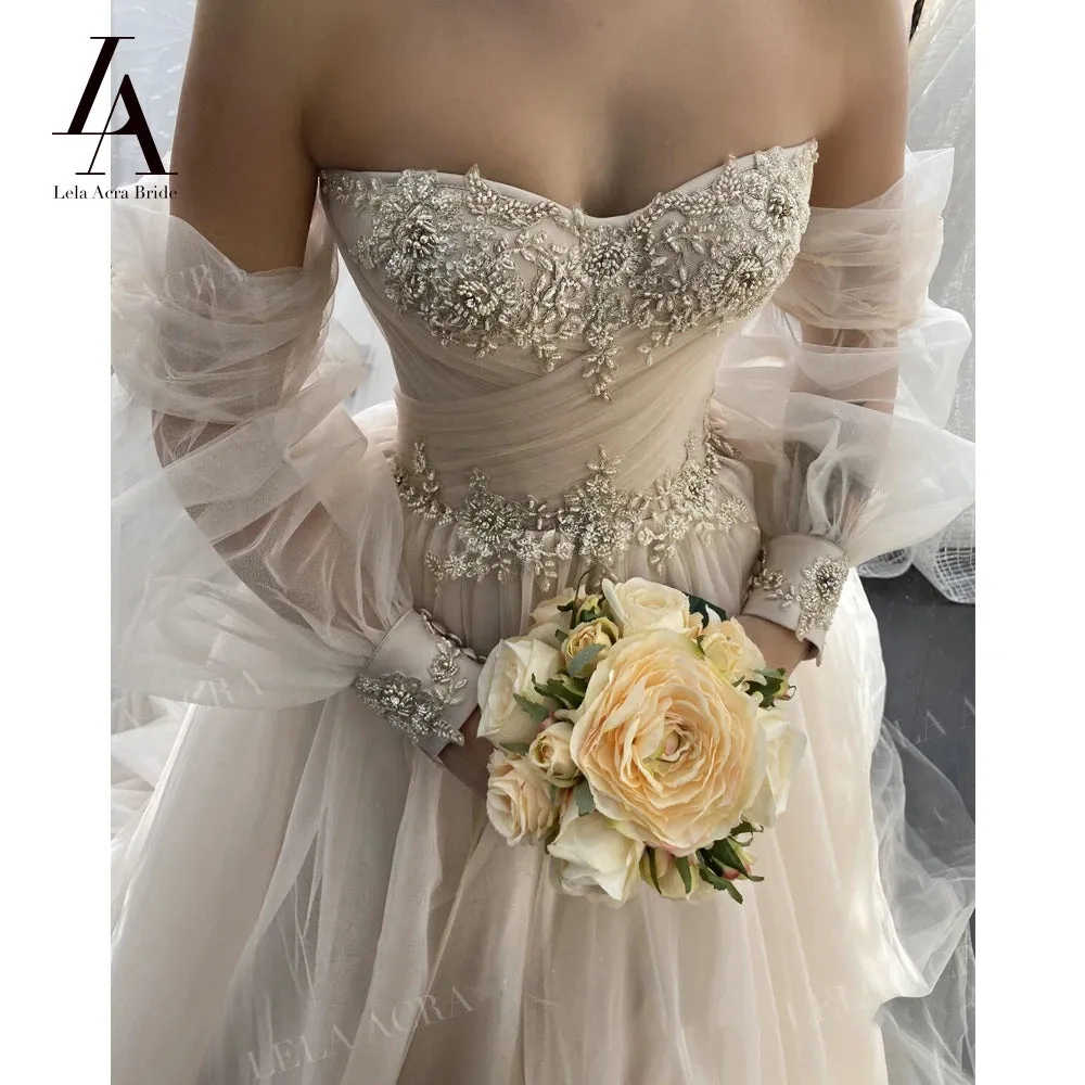 Beach Wedding Dresses 2 In 1 Sleeve A-Line Bridal Gown