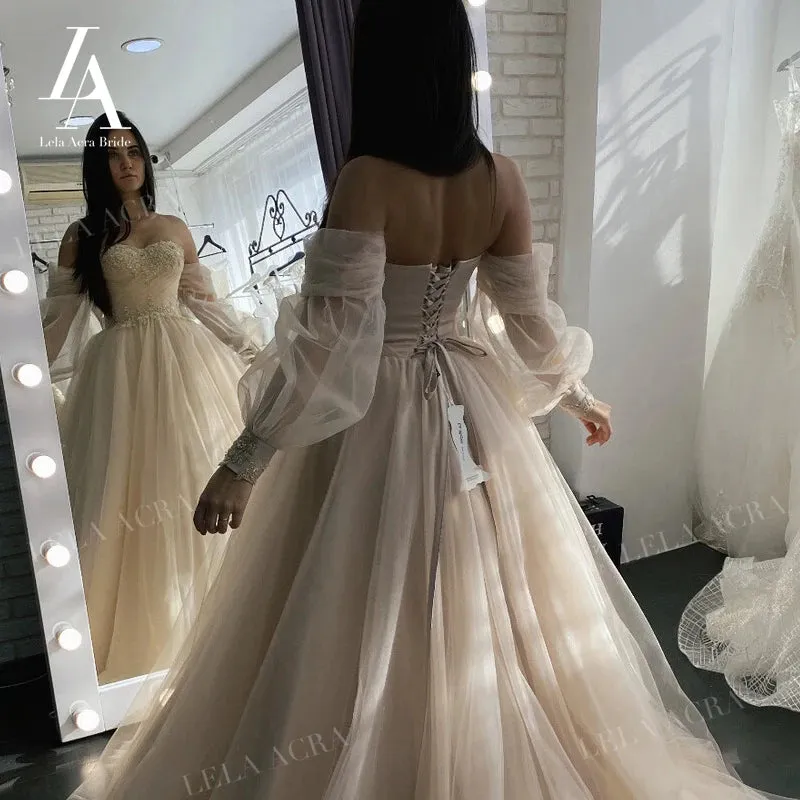 Beach Wedding Dresses 2 In 1 Sleeve A-Line Bridal Gown