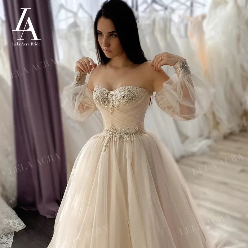 Beach Wedding Dresses 2 In 1 Sleeve A-Line Bridal Gown