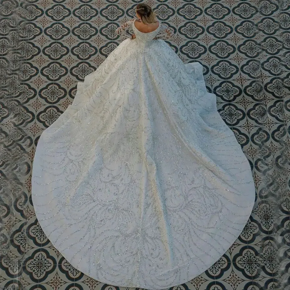 Beading Long Sleeves Wedding Dresses Glitter Sequined Ball Gown Bridal Gowns