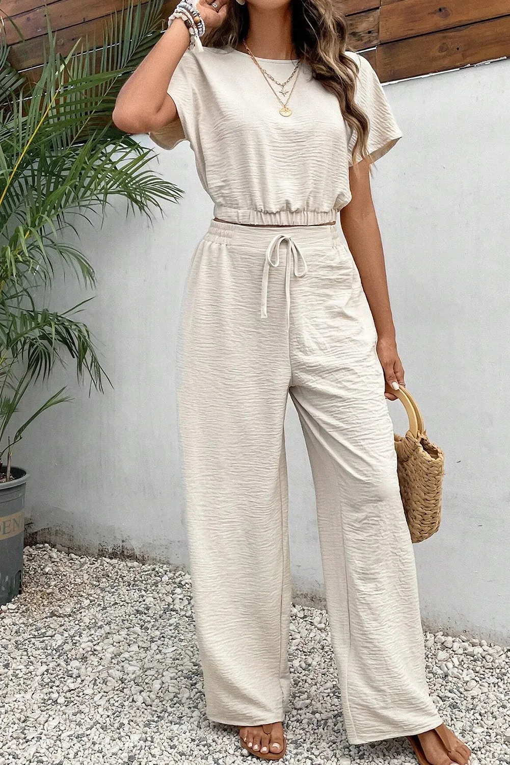 Beige Crinkled Elastic Hem Crop Tee and Wide Leg Pants Set