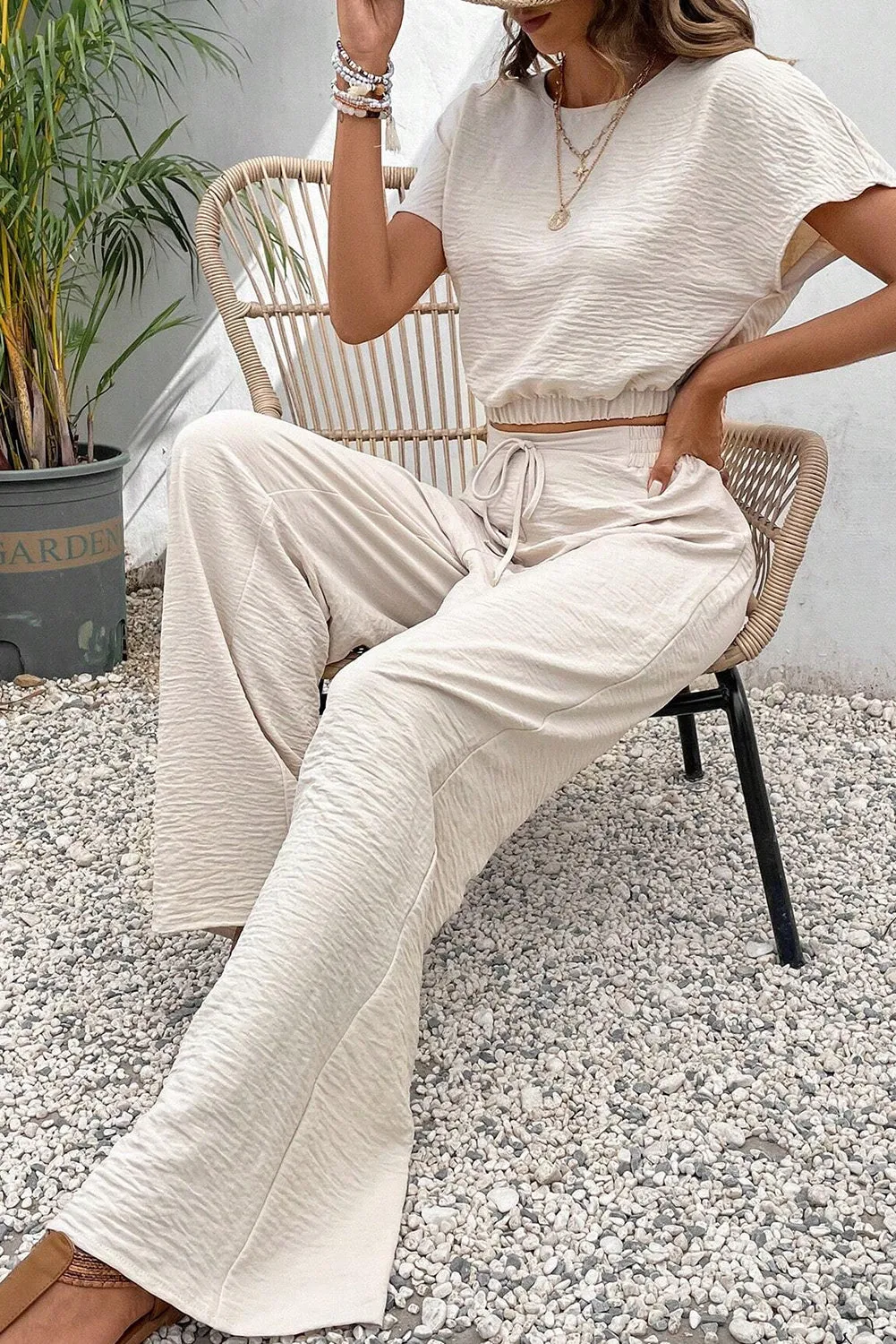 Beige Crinkled Elastic Hem Crop Tee and Wide Leg Pants Set