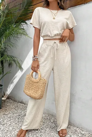 Beige Crinkled Elastic Hem Crop Tee and Wide Leg Pants Set
