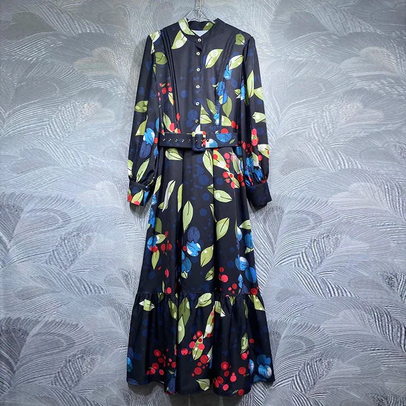 Belt Single Breasted Leaves Print Vintage Dresses
