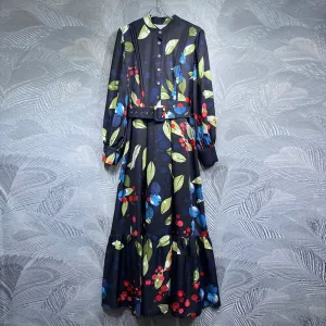Belt Single Breasted Leaves Print Vintage Dresses