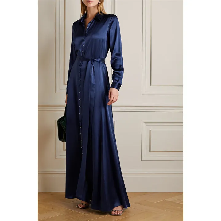 Belted Crystal Embellished Silk Satin Gown