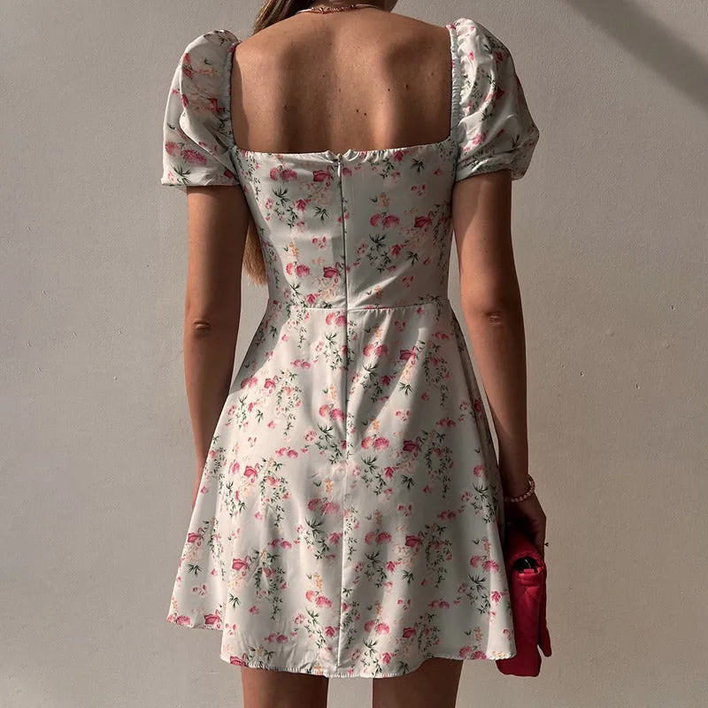 BerryBetty - Fashion Floral  Women Puff Sleeve High Waist V-Neck A-Line Lady Dresses