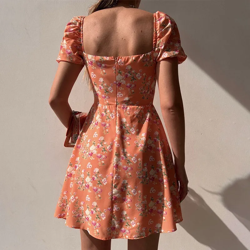 BerryBetty - Fashion Floral  Women Puff Sleeve High Waist V-Neck A-Line Lady Dresses