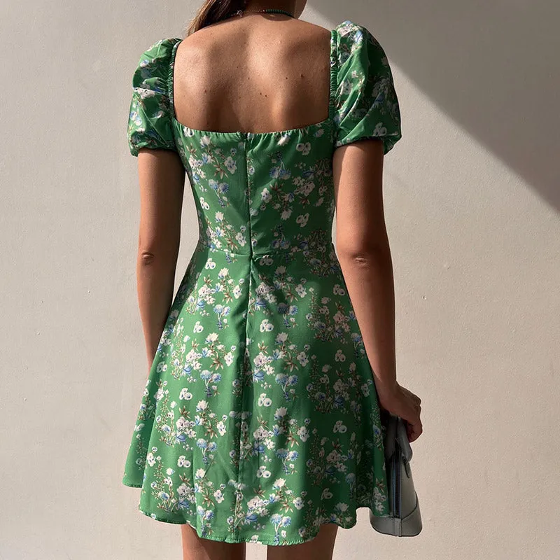 BerryBetty - Fashion Floral  Women Puff Sleeve High Waist V-Neck A-Line Lady Dresses