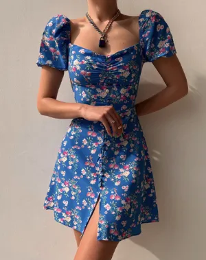 BerryBetty - Fashion Floral  Women Puff Sleeve High Waist V-Neck A-Line Lady Dresses