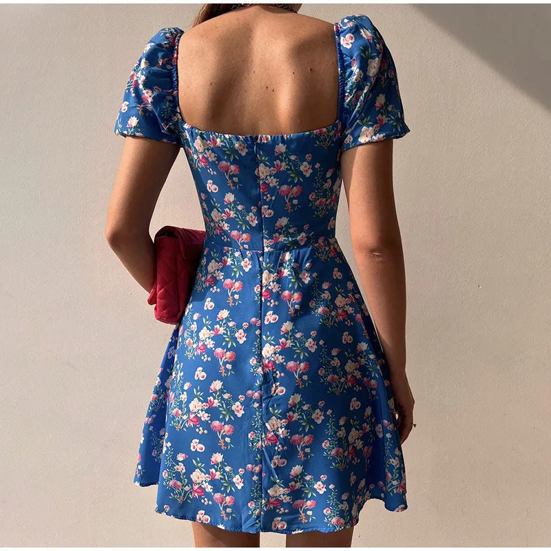 BerryBetty - Fashion Floral  Women Puff Sleeve High Waist V-Neck A-Line Lady Dresses