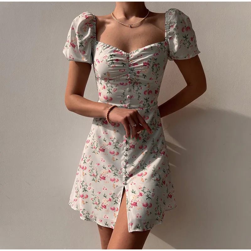 BerryBetty - Fashion Floral  Women Puff Sleeve High Waist V-Neck A-Line Lady Dresses