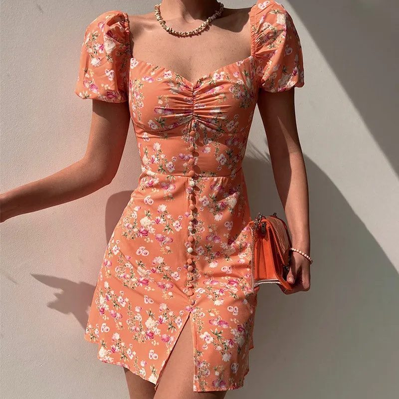 BerryBetty - Fashion Floral  Women Puff Sleeve High Waist V-Neck A-Line Lady Dresses