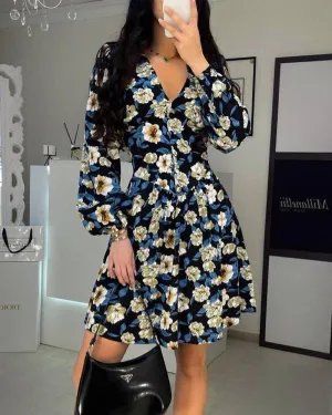 BerryBetty - Floral Print Lantern Sleeve Buttoned Dress