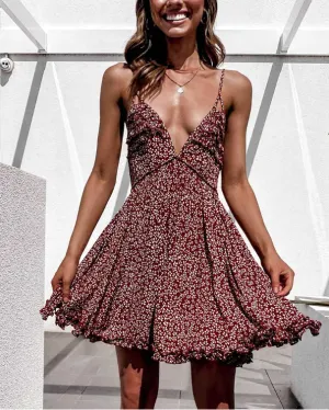 BerryBetty - Floral Print Women Sleeveless High Waist Summer Ruffles Ladies V-Neck Boho Beach Wear A-Line Mini Dress