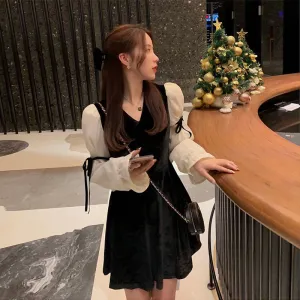 BerryBetty - French Vintage Mini Dress Women Spring Lace Bow Velvet Evening Party Dress Female Y2k Casual Kawaii One Piece Dress Korean