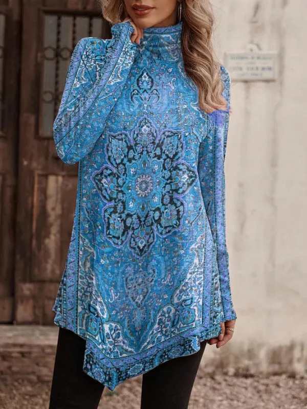 BerryBetty - High collar bohemian print casual long sleeve Turtleneck Long Sweater T-shirt