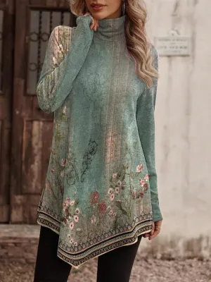 BerryBetty - High collar bohemian print casual long sleeve Turtleneck Long Sweater T-shirt