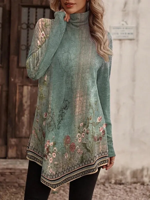 BerryBetty - High collar bohemian print casual long sleeve Turtleneck Long Sweater T-shirt