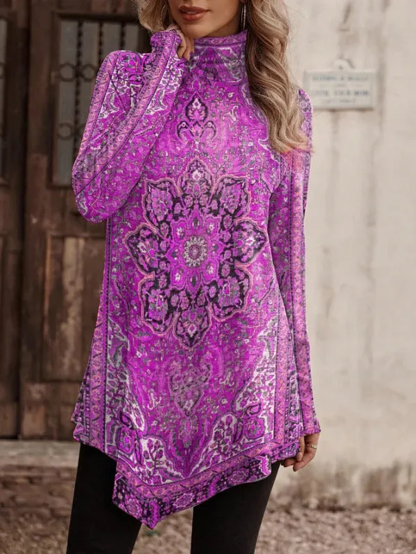 BerryBetty - High collar bohemian print casual long sleeve Turtleneck Long Sweater T-shirt