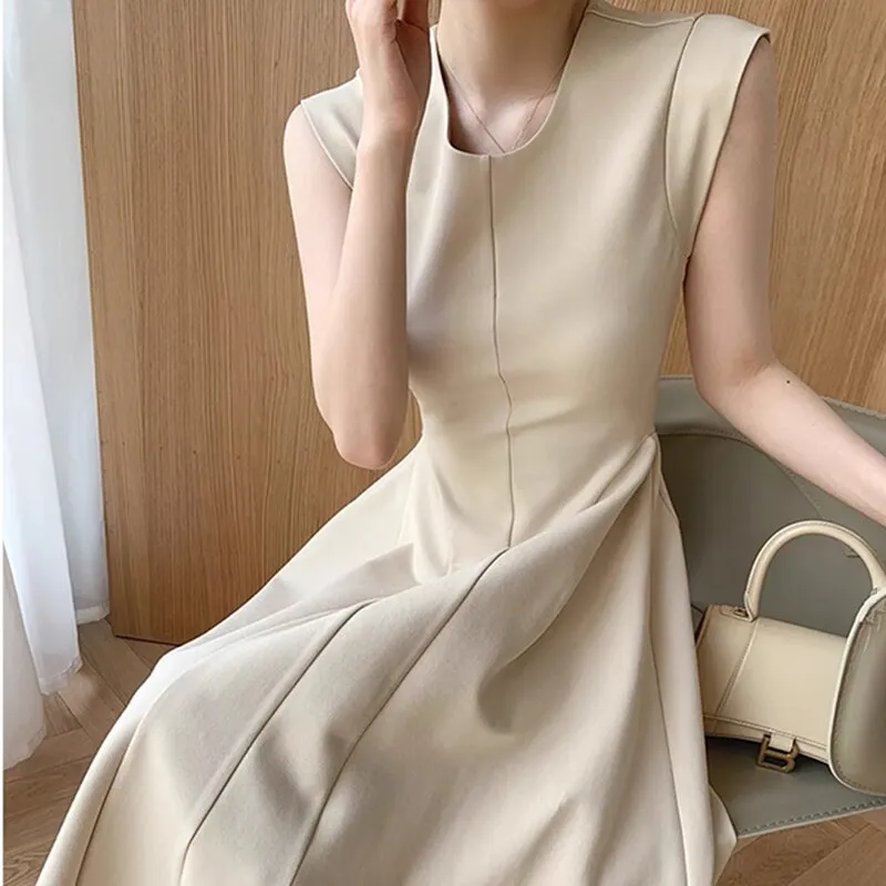 BerryBetty - Sleeveless Summer Party Dress Women O-Neck High Waist Long Midi Dress Elegant A-Line Cotton Office Lady Hepburn Korean