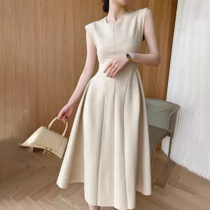 BerryBetty - Sleeveless Summer Party Dress Women O-Neck High Waist Long Midi Dress Elegant A-Line Cotton Office Lady Hepburn Korean