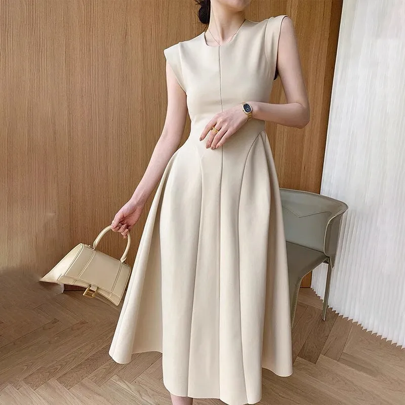 BerryBetty - Sleeveless Summer Party Dress Women O-Neck High Waist Long Midi Dress Elegant A-Line Cotton Office Lady Hepburn Korean