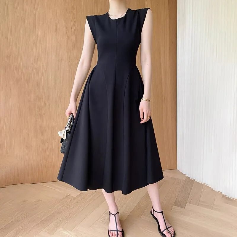 BerryBetty - Sleeveless Summer Party Dress Women O-Neck High Waist Long Midi Dress Elegant A-Line Cotton Office Lady Hepburn Korean