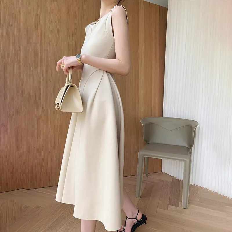 BerryBetty - Sleeveless Summer Party Dress Women O-Neck High Waist Long Midi Dress Elegant A-Line Cotton Office Lady Hepburn Korean