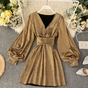 BerryBetty - Spring Autumn Women's Bright Color Dress  V-neck Lantern Sleeve Gold Bright Silk Lace Retro Dress Female Sexy Party Dress GD205
