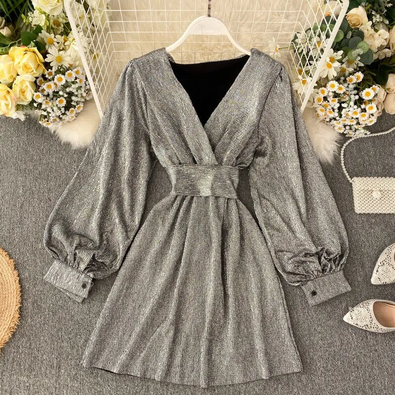 BerryBetty - Spring Autumn Women's Bright Color Dress  V-neck Lantern Sleeve Gold Bright Silk Lace Retro Dress Female Sexy Party Dress GD205