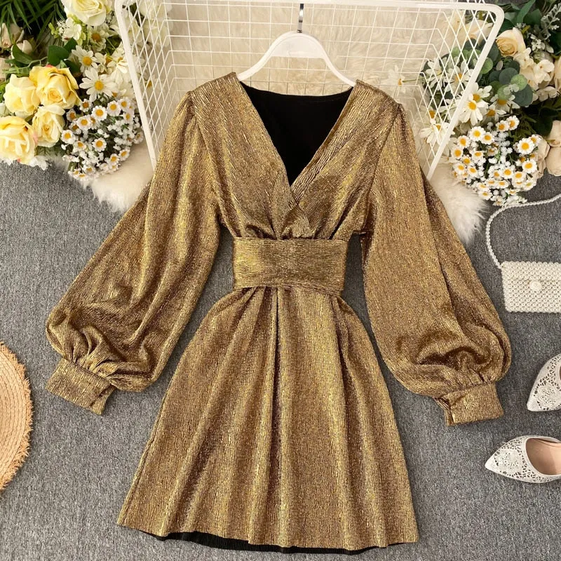 BerryBetty - Spring Autumn Women's Bright Color Dress  V-neck Lantern Sleeve Gold Bright Silk Lace Retro Dress Female Sexy Party Dress GD205