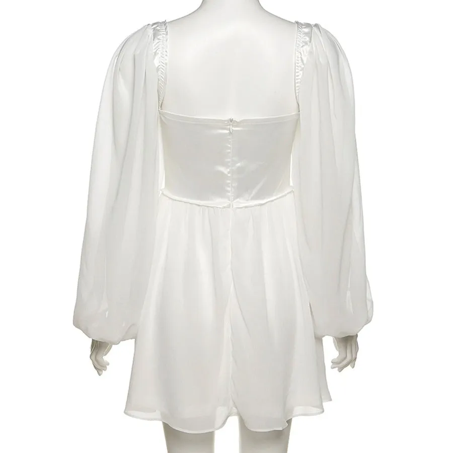 BerryBetty - Women Fashion Elegant High Waist Slim Solid White Office Lady A-Line Mini Dress Spring Autumn New Women Party Dress