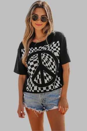 Black Checkerboard Peace Sign Printed Round Neck Graphic TShirt