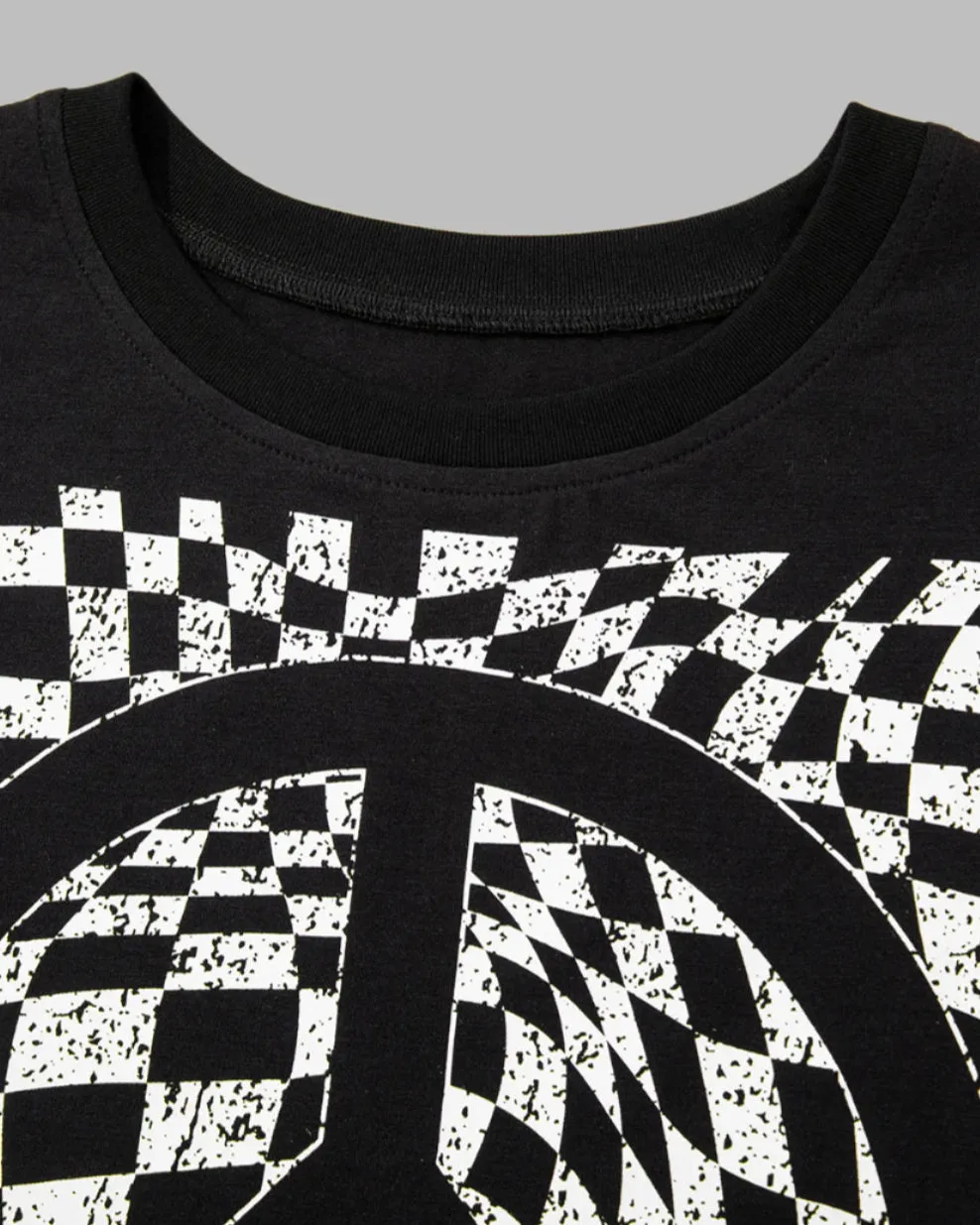 Black Checkerboard Peace Sign Printed Round Neck Graphic TShirt