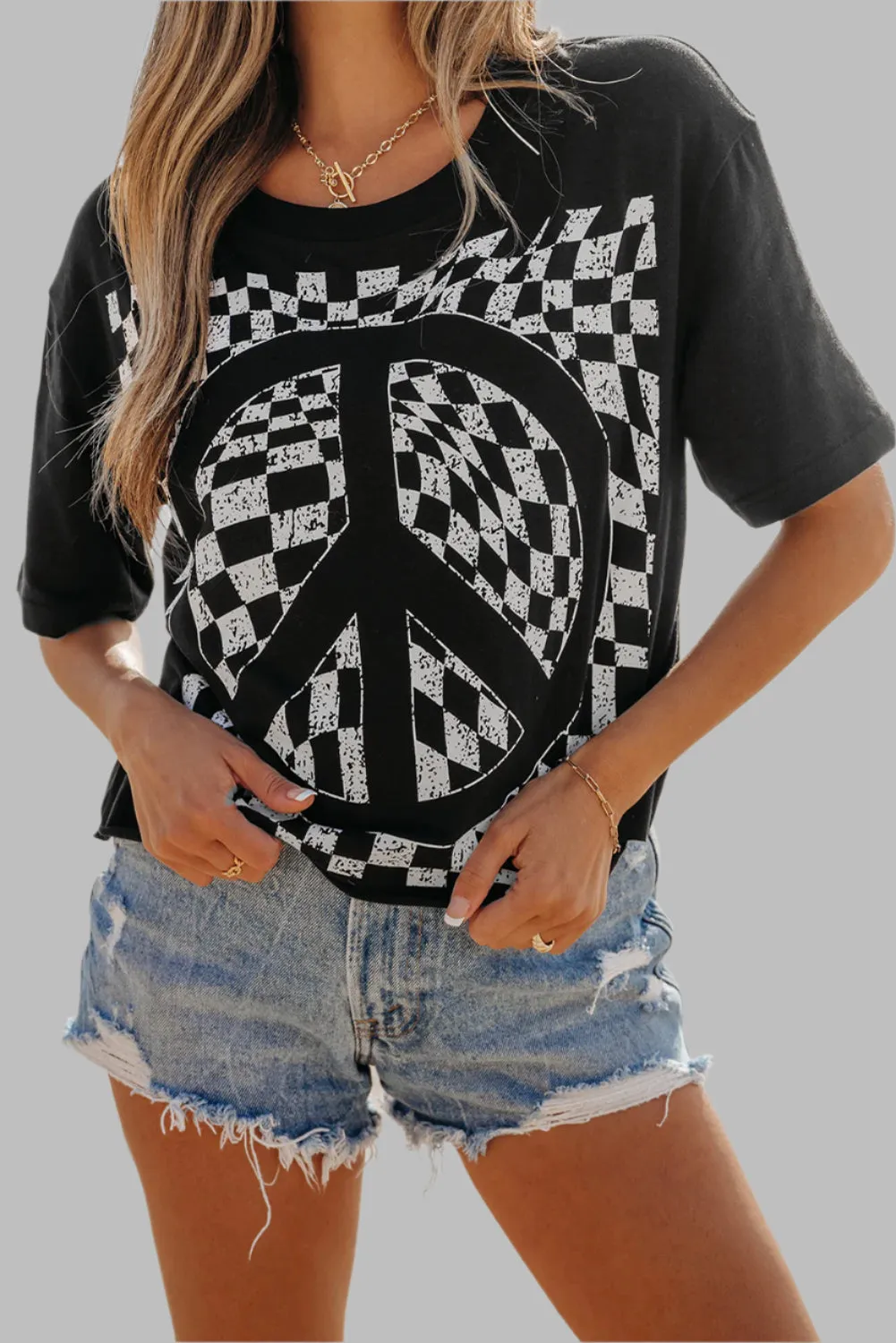 Black Checkerboard Peace Sign Printed Round Neck Graphic TShirt