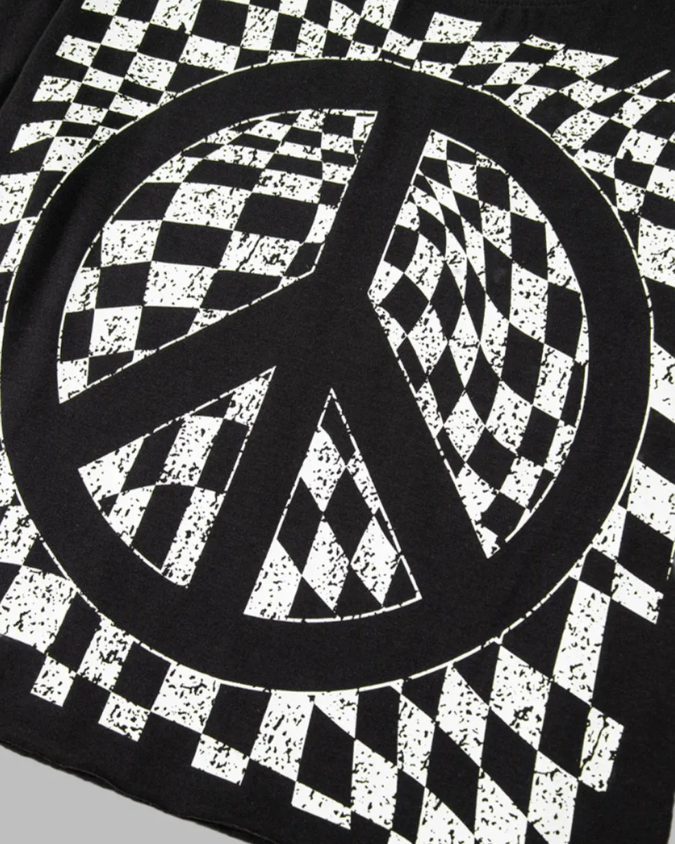 Black Checkerboard Peace Sign Printed Round Neck Graphic TShirt