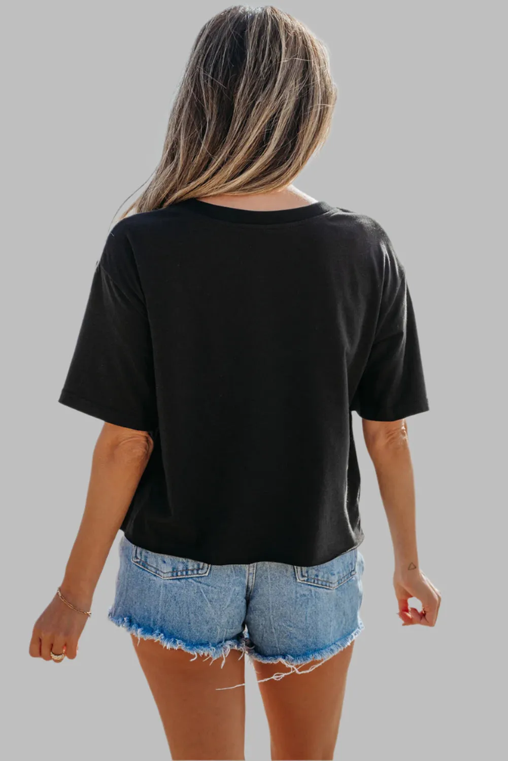 Black Checkerboard Peace Sign Printed Round Neck Graphic TShirt