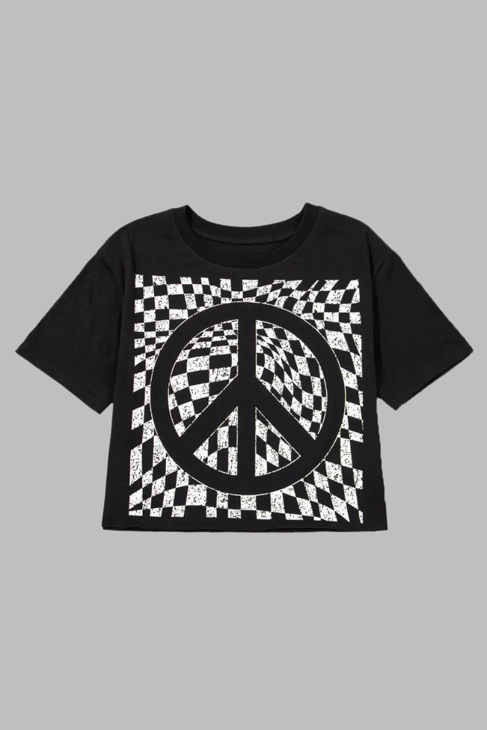 Black Checkerboard Peace Sign Printed Round Neck Graphic TShirt