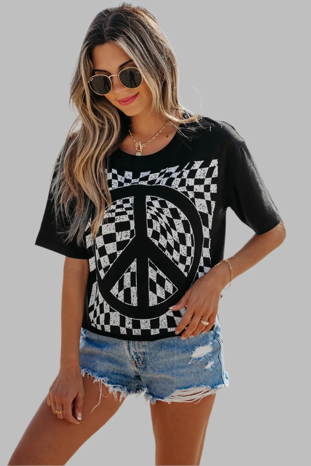 Black Checkerboard Peace Sign Printed Round Neck Graphic TShirt