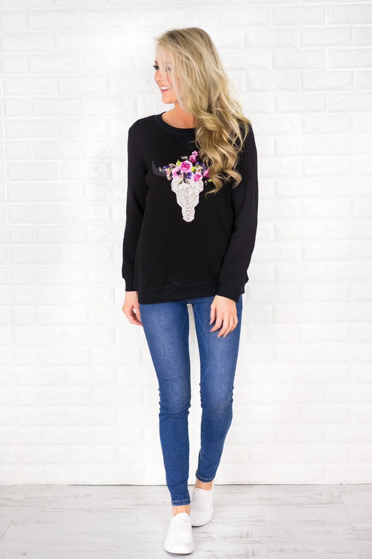 Black Cow Skull Sweatshirt
