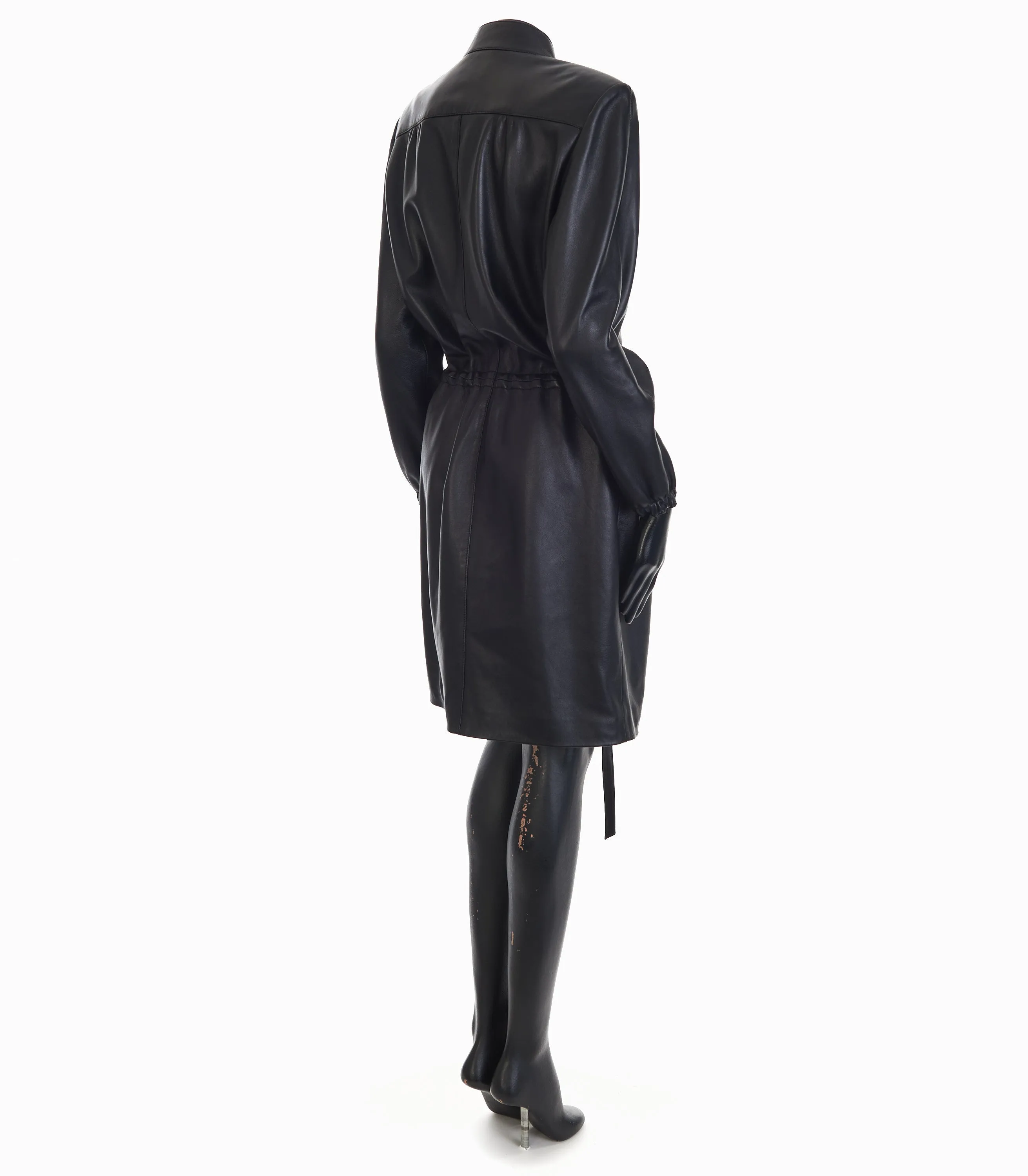Black Drawstring Zip-Front Leather Shirt Dress