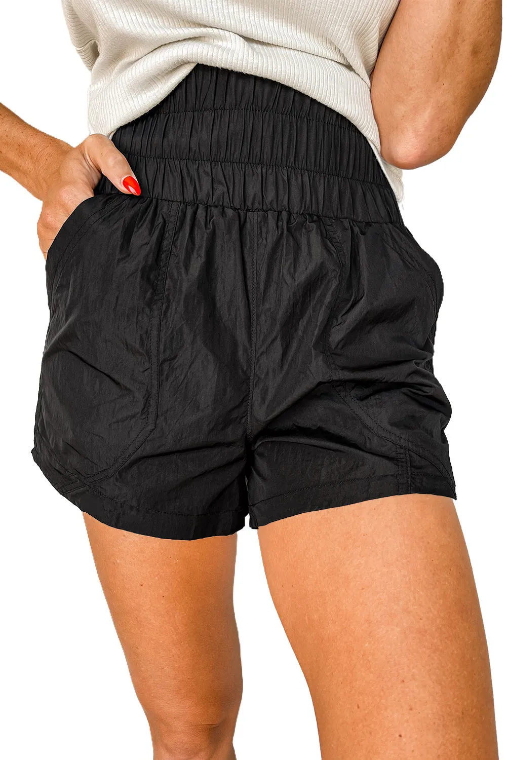 Black Elastic High Waist Side Pockets Shorts