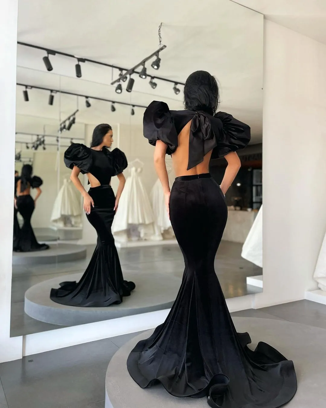 Black Elegant Mermaid Evening Dresses Puff Sleeves Backless
