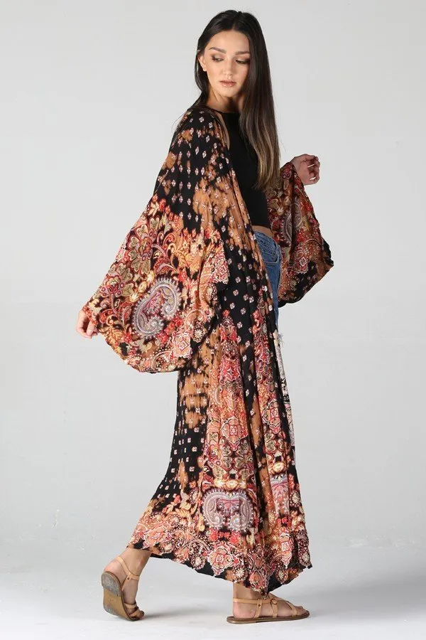 Black Floral Maxi Long Kimono