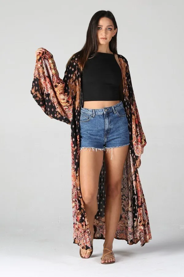 Black Floral Maxi Long Kimono