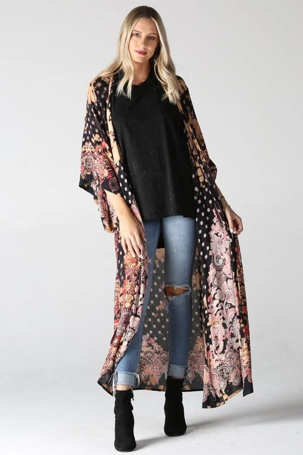 Black Floral Maxi Long Kimono